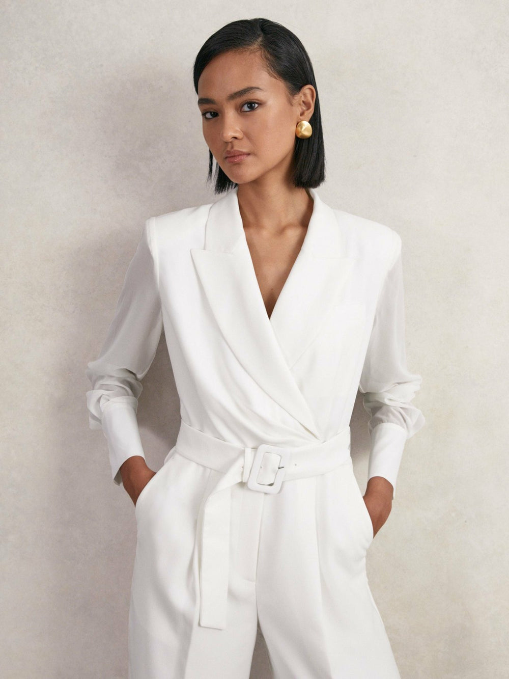 Sheer-Sleeve Wide-Leg Tuxedo Jumpsuit Ivory | Women