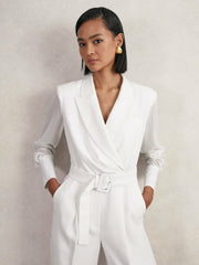Sheer-Sleeve Wide-Leg Tuxedo Jumpsuit Ivory | Women