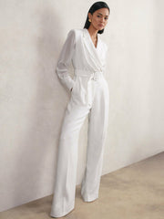 Sheer-Sleeve Wide-Leg Tuxedo Jumpsuit Ivory | Women