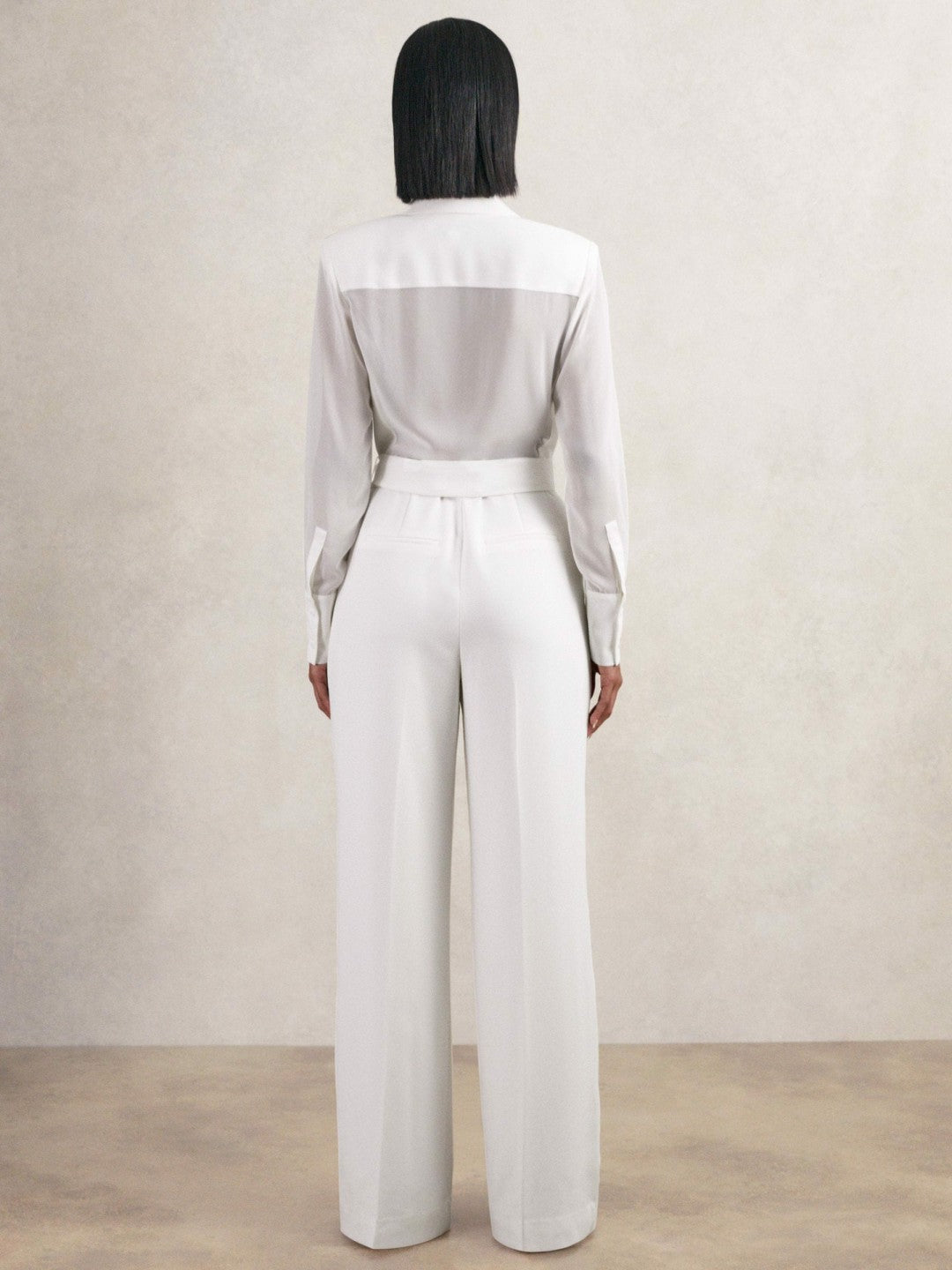 Sheer-Sleeve Wide-Leg Tuxedo Jumpsuit Ivory | Women