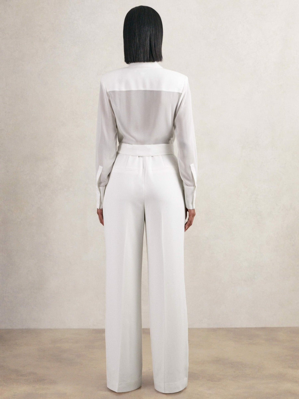 Sheer-Sleeve Wide-Leg Tuxedo Jumpsuit Ivory | Women