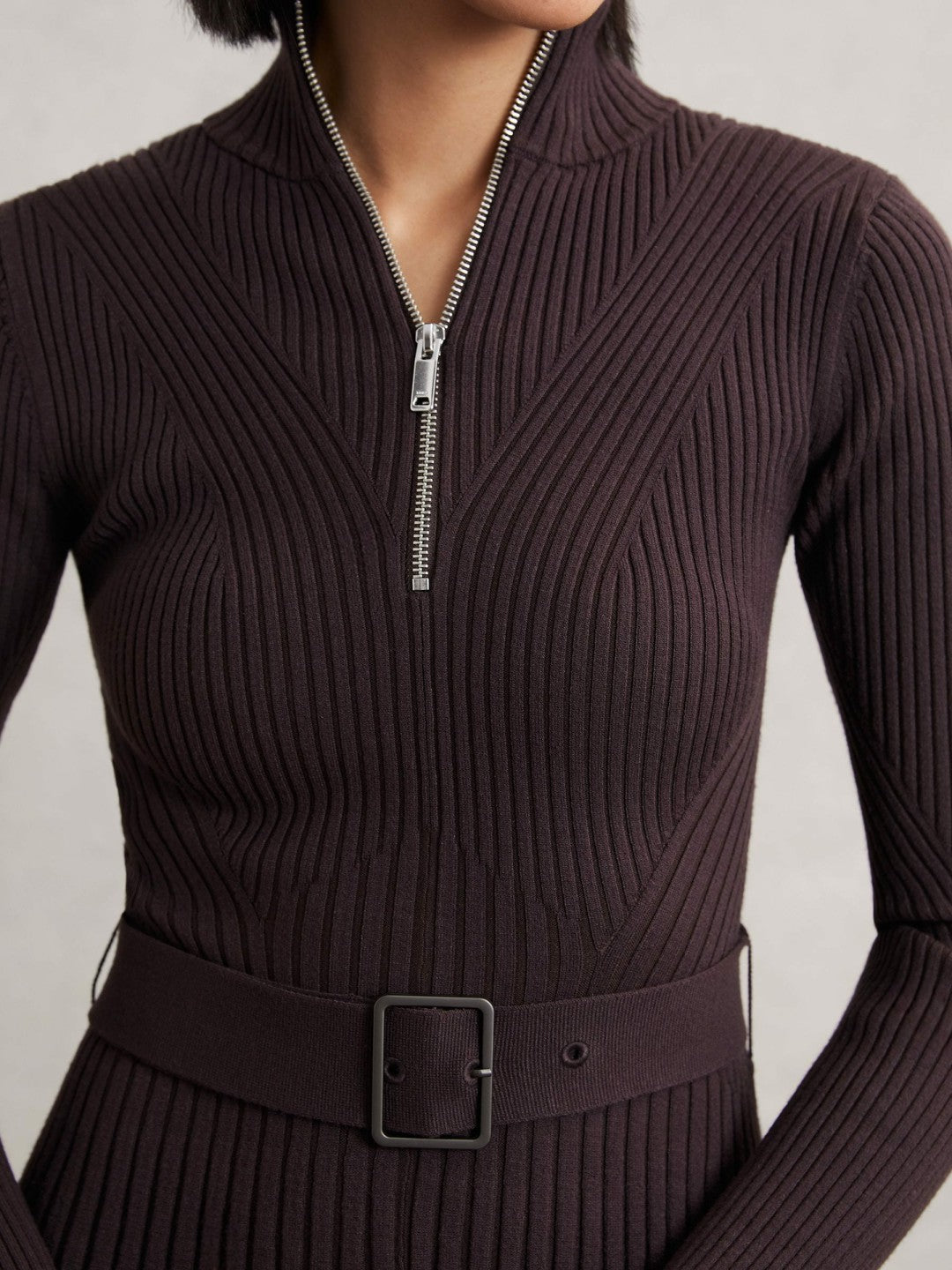 Rib-Knit Belted Half-Zip Flippy Dress Plum Purple | Women