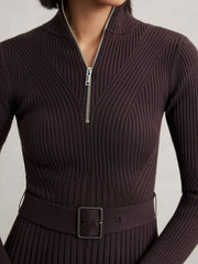 Rib-Knit Belted Half-Zip Flippy Dress Plum Purple | Women