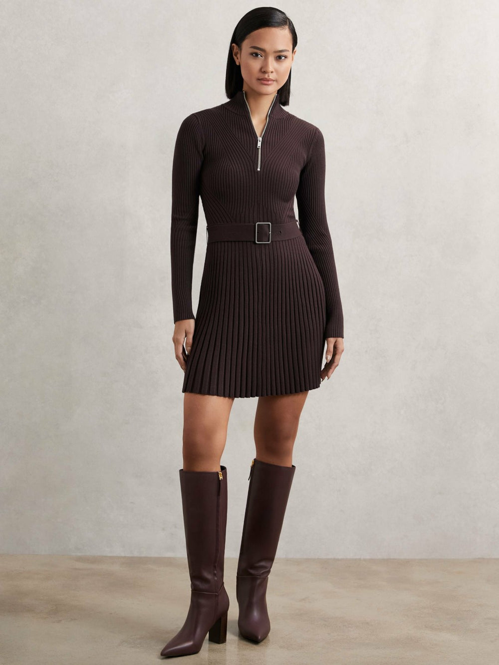 Rib-Knit Belted Half-Zip Flippy Dress Plum Purple | Women