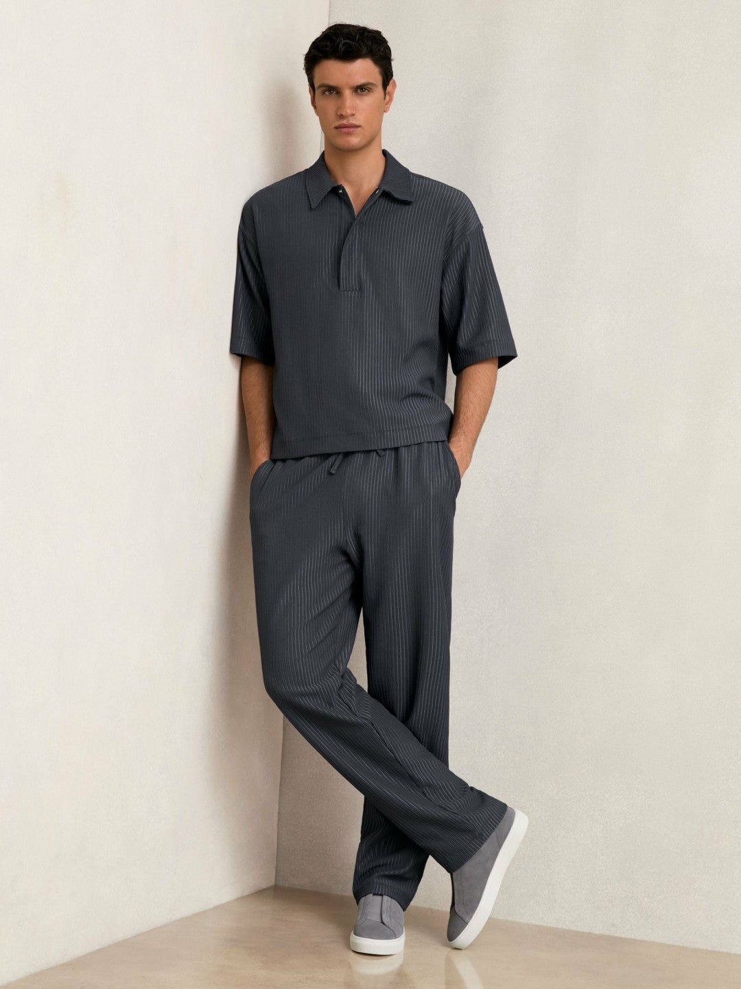 Textured Stripe Drawstring Trousers Petrol Blue | Men