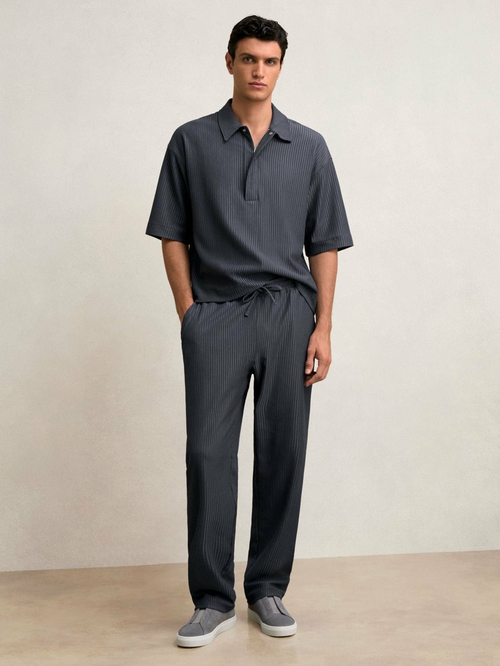 Textured Stripe Drawstring Trousers Petrol Blue | Men