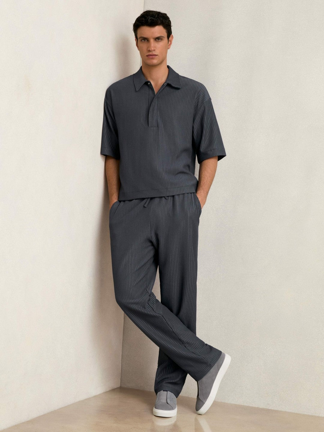 Oversized Textured Stripe Polo Shirt Petrol Blue | Men