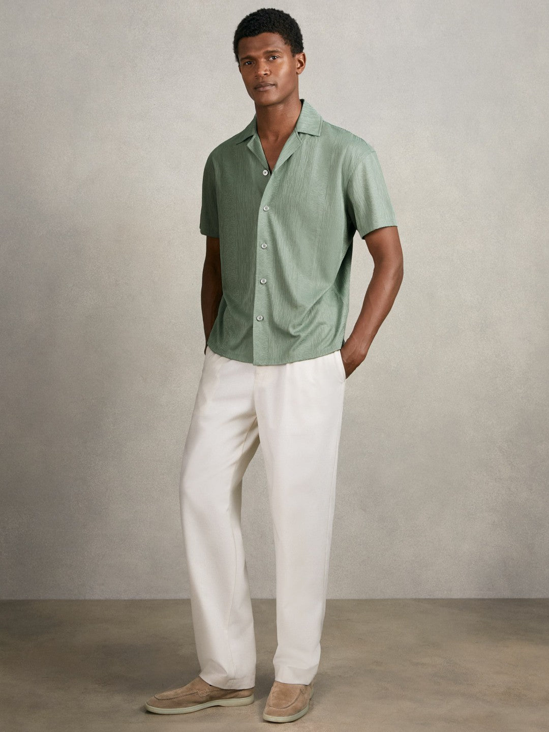 Jacquard-Stripe Cuban-Collar Shirt Mint Green | Men