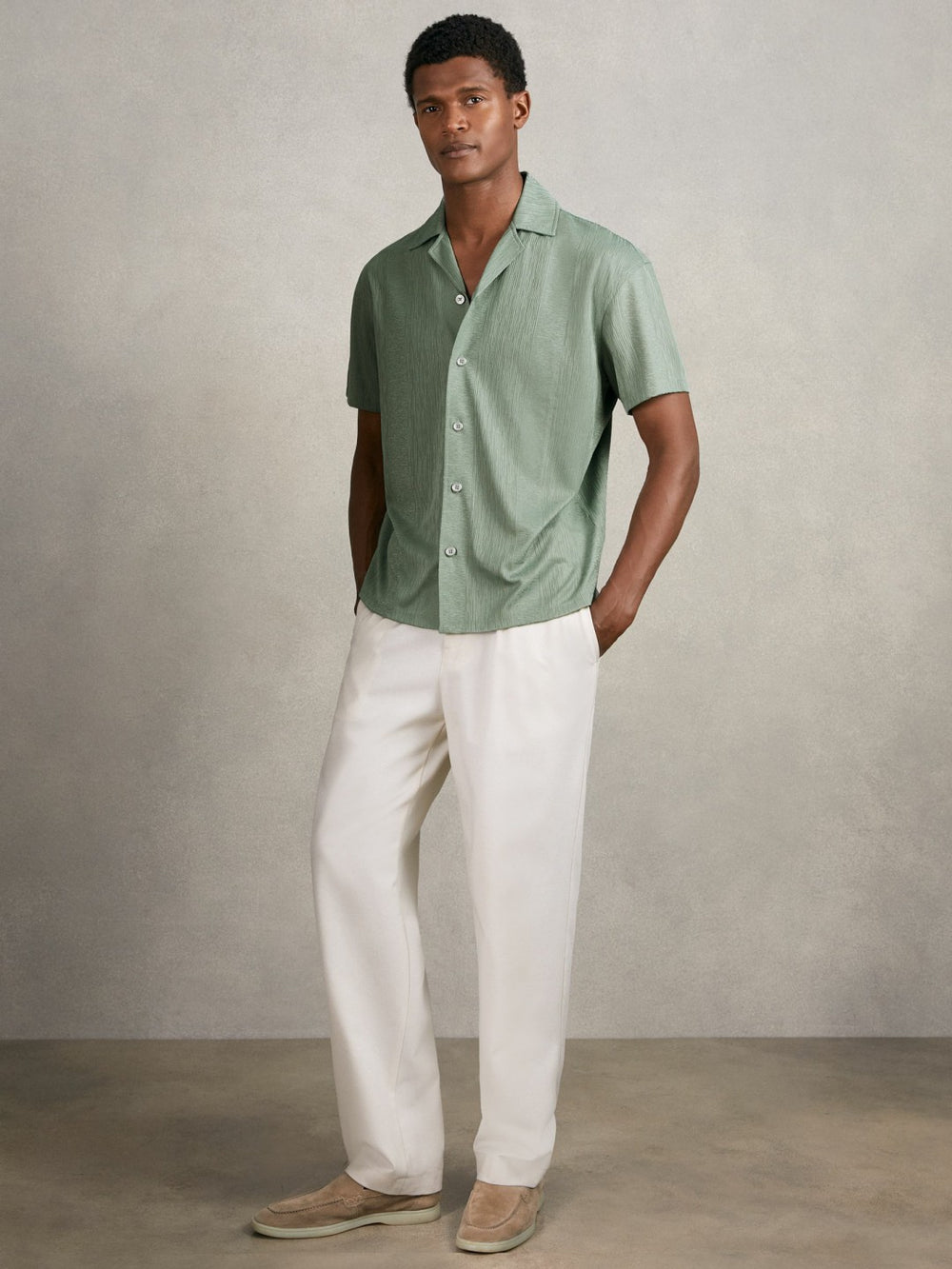 Jacquard-Stripe Cuban-Collar Shirt Mint Green | Men