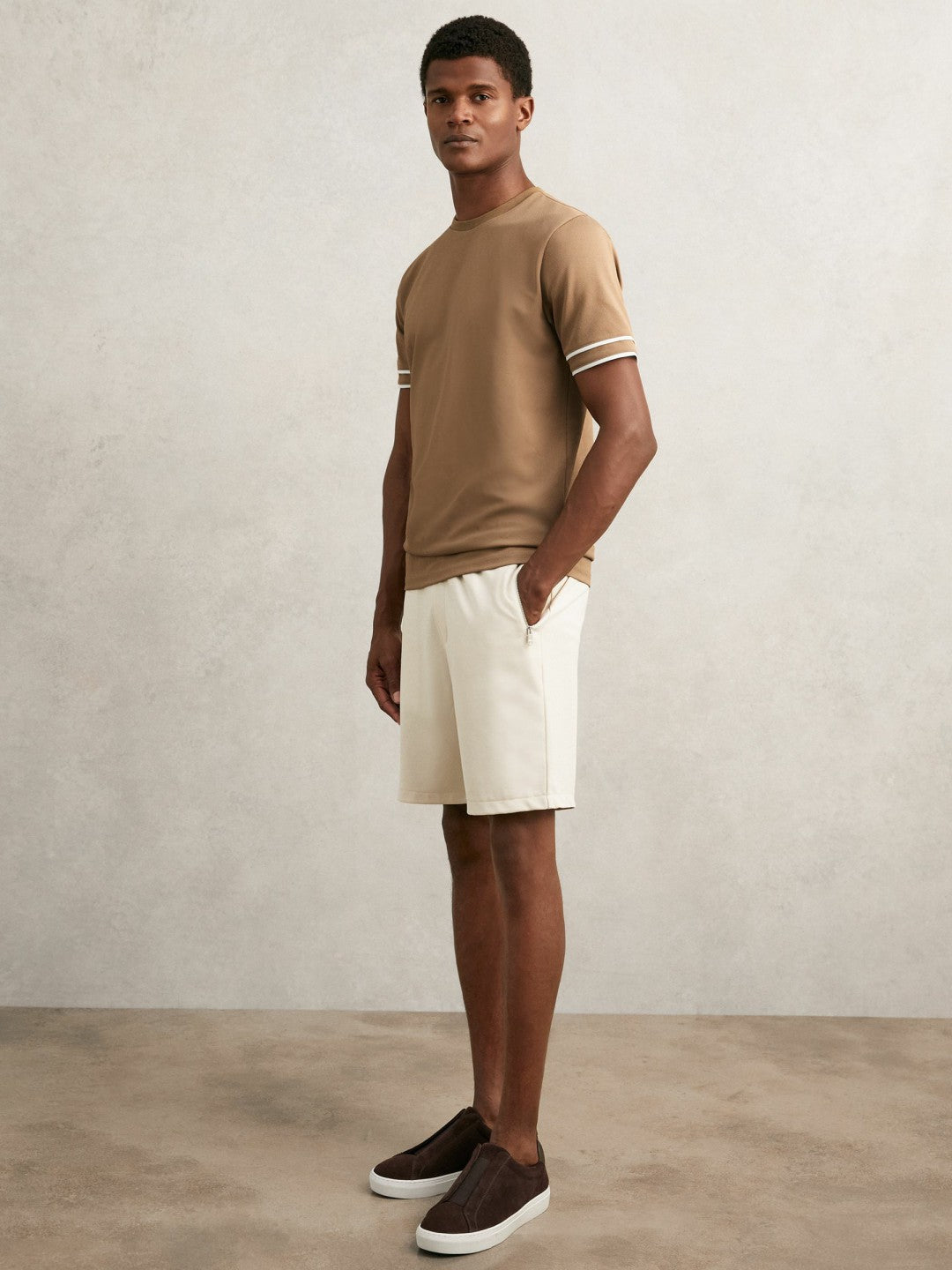 Textured Crew-Neck Tipped T-Shirt Camel Brown | Men