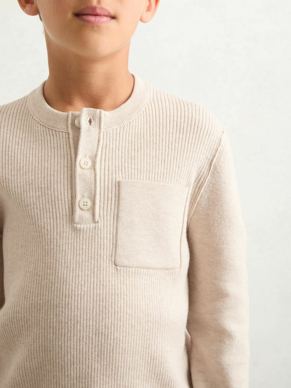 9-13 yrs Cotton-Blend Rib-Knit Henley Top Oatmeal Melange | Children & Baby