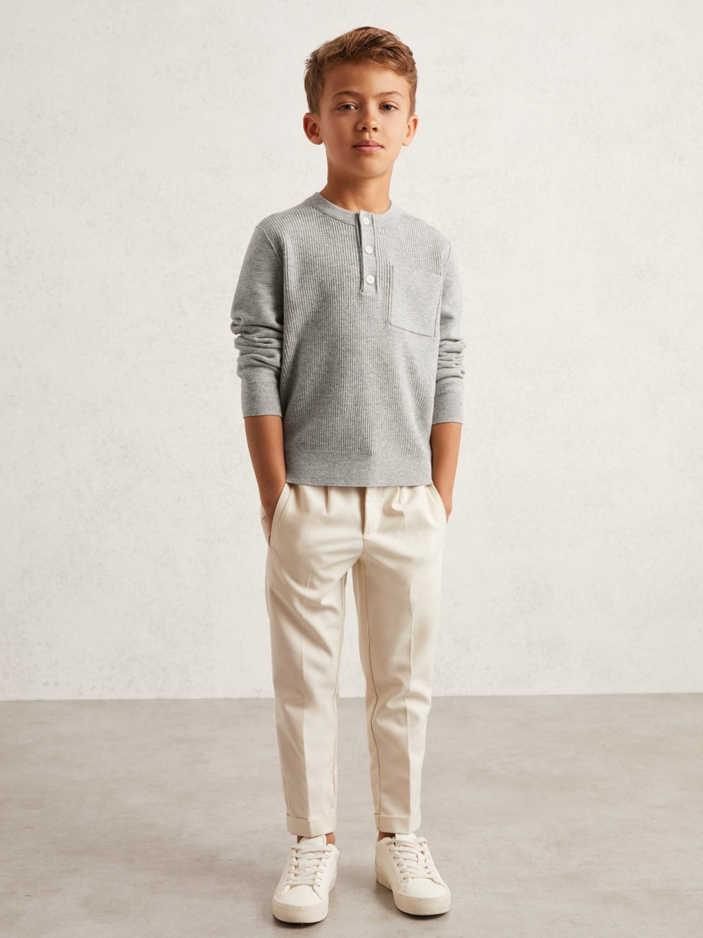 9-13 yrs Cotton-Blend Rib-Knit Henley Top Mid Grey Melange | Children & Baby