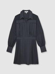 Pleated Sheer-Sleeve Mini Dress Navy | Women