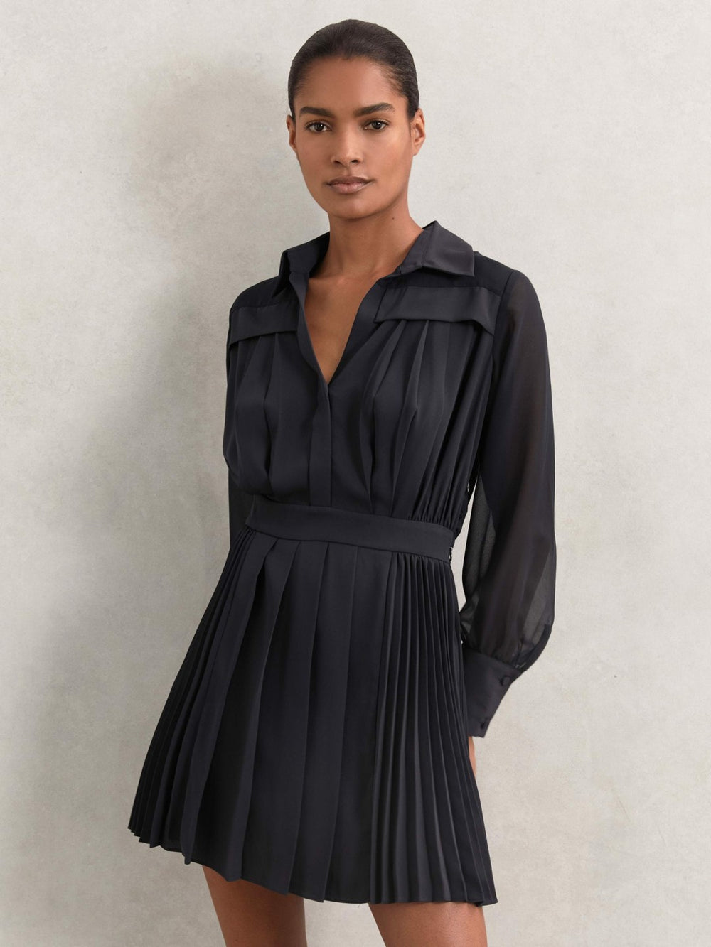 Pleated Sheer-Sleeve Mini Dress Navy | Women