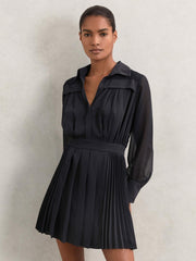 Pleated Sheer-Sleeve Mini Dress Navy | Women