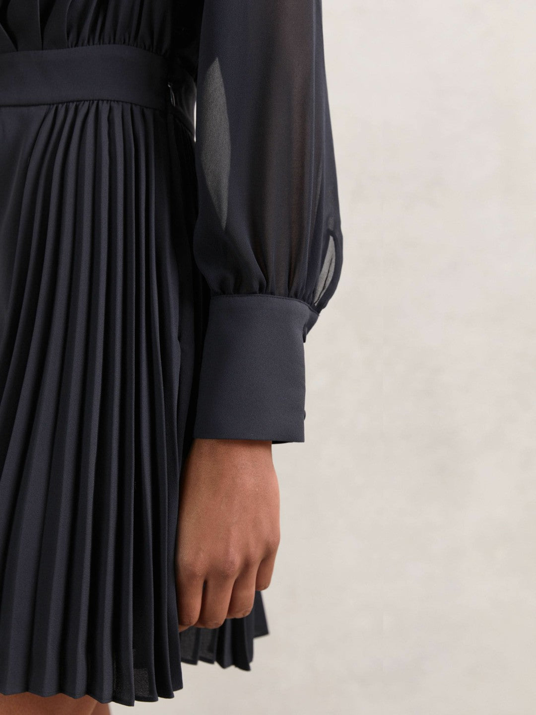 Pleated Sheer-Sleeve Mini Dress Navy | Women