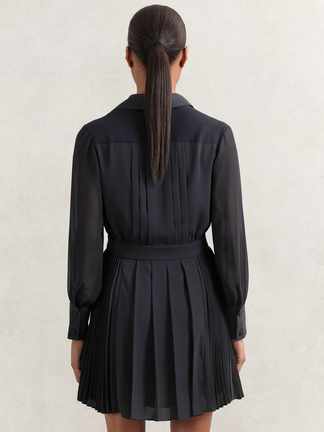 Pleated Sheer-Sleeve Mini Dress Navy | Women