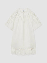 Linen Embroidered Shift Dress Ivory | Women