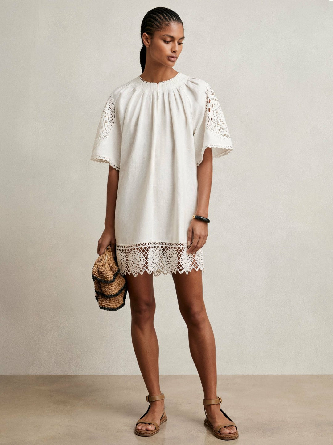 Linen Embroidered Shift Dress Ivory | Women