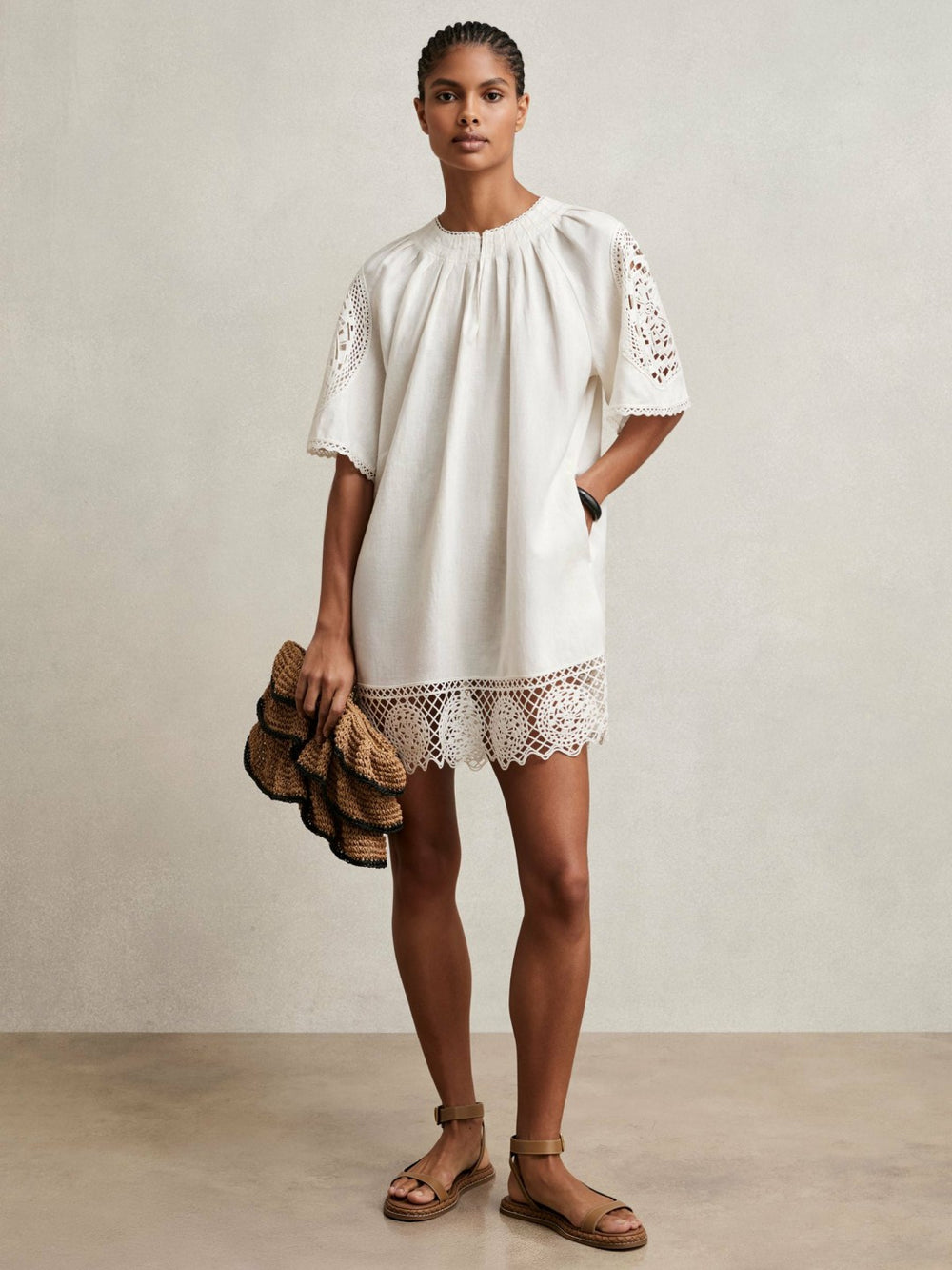 Linen Embroidered Shift Dress Ivory | Women