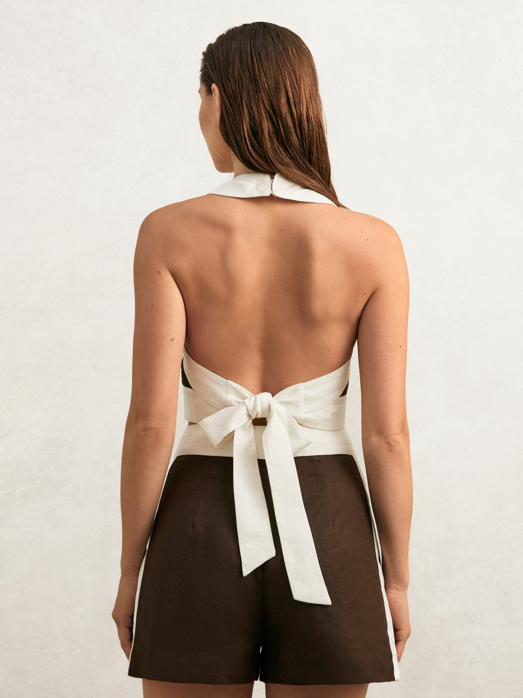 Linen Halterneck Cropped Top Chocolate/Cream | Women