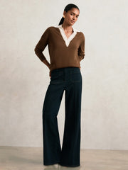 Wool Collared Cricket Jumper Chocolate Brown/Ivory | Women