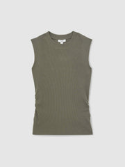 Ribbed Ruched Waist Vest Khaki Green | Women