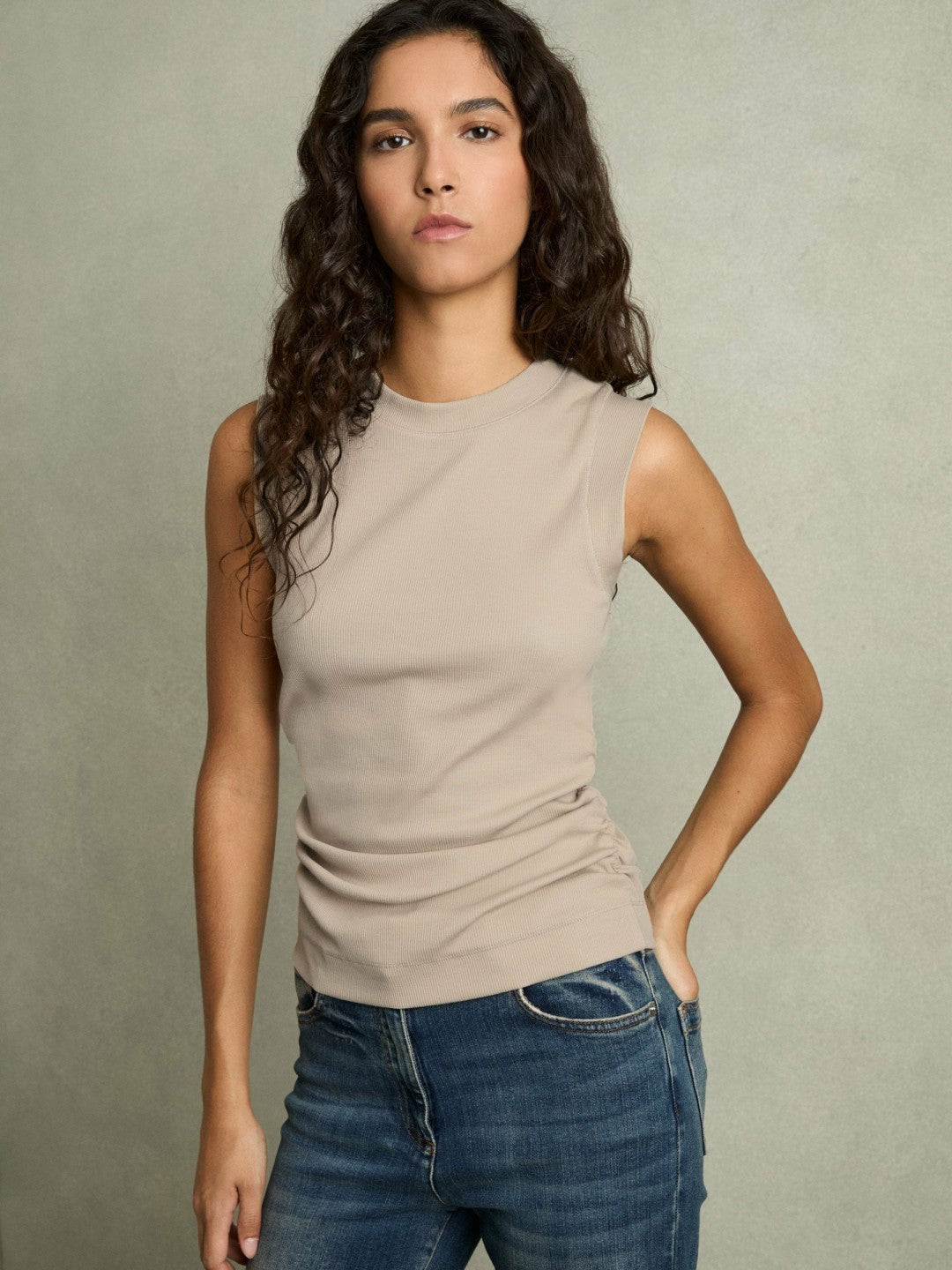 Ribbed Ruched Waist Vest Camel | Women