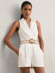 Linen Belted Sleeveless Wrap Playsuit Cream | Women