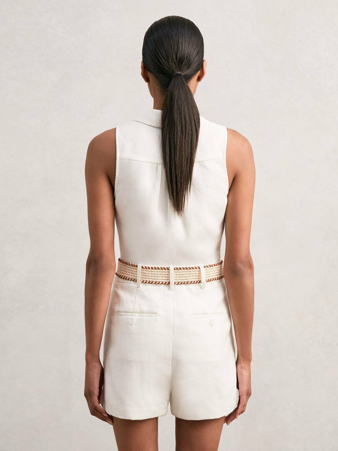 Linen Belted Sleeveless Wrap Playsuit Cream | Women