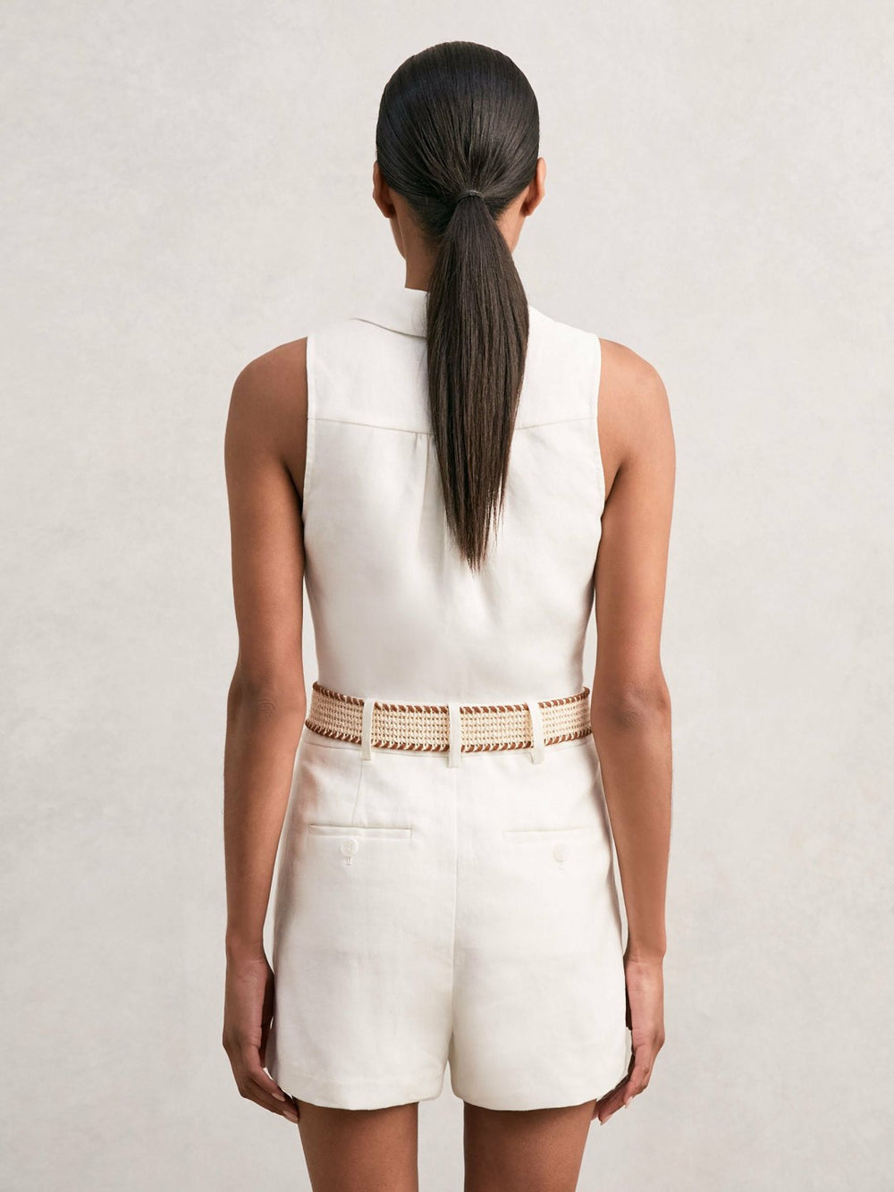 Linen Belted Sleeveless Wrap Playsuit Cream | Women