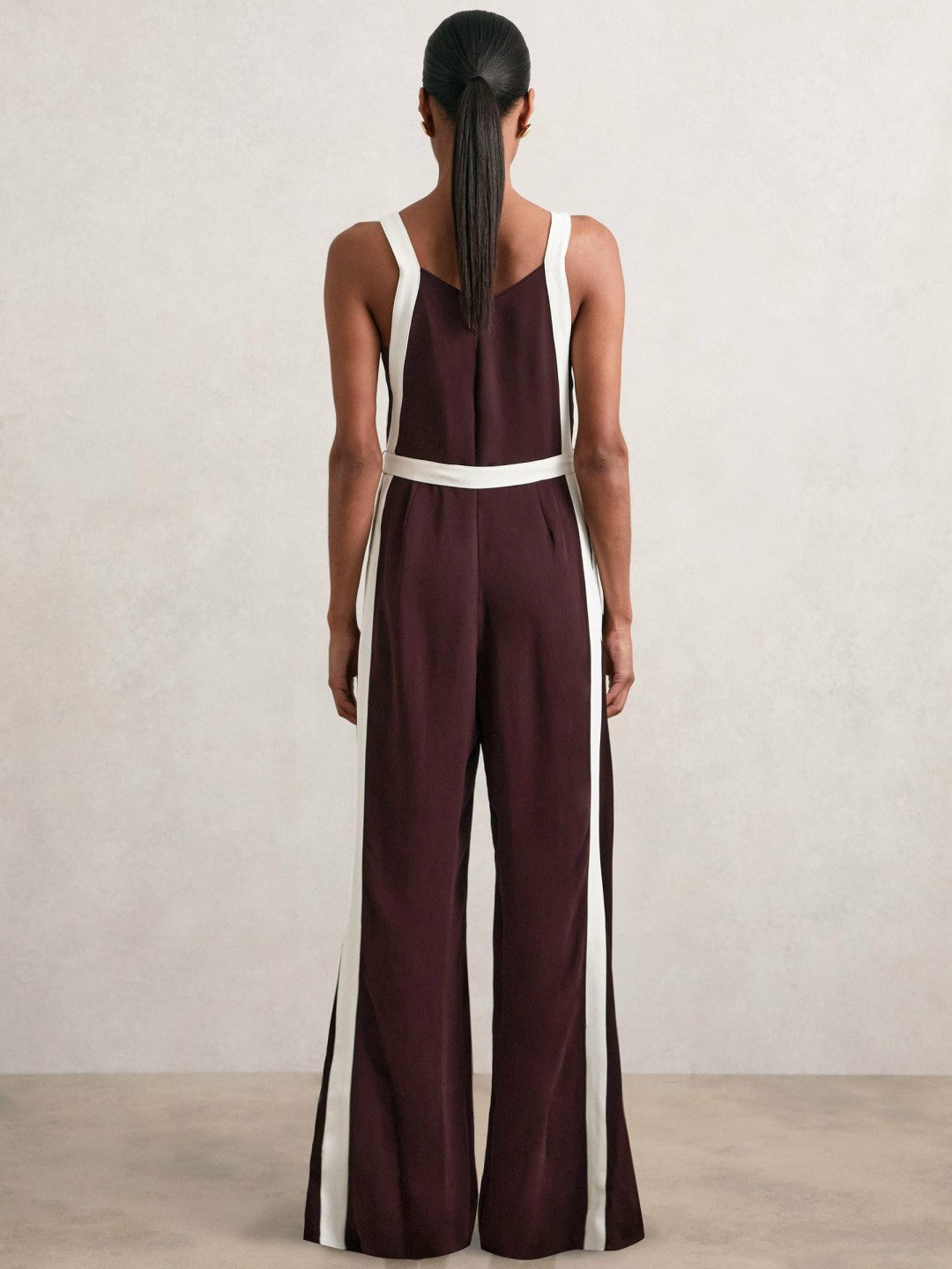 Petite Colourblock Wide Leg Belted Jumpsuit Burgundy/Cream | Women
