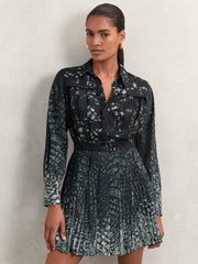 Printed Pleated Shirt Dress Navy | Women