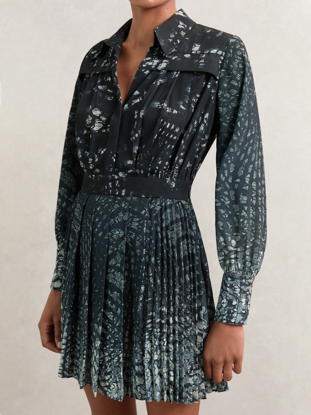 Printed Pleated Shirt Dress Navy | Women