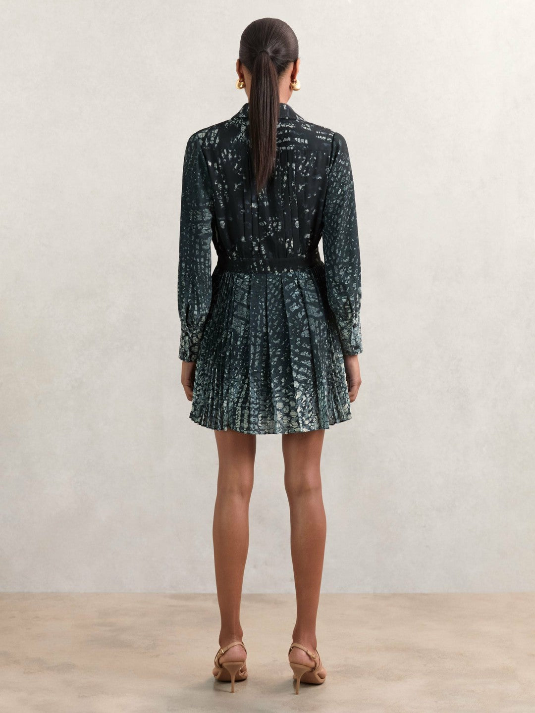 Printed Pleated Shirt Dress Navy | Women