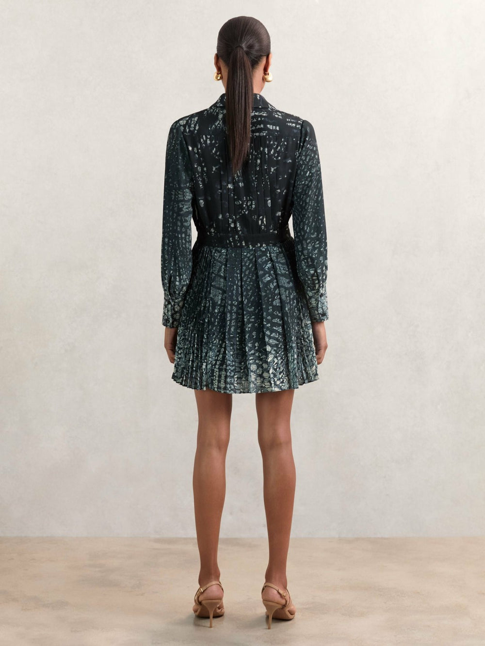 Printed Pleated Shirt Dress Navy | Women