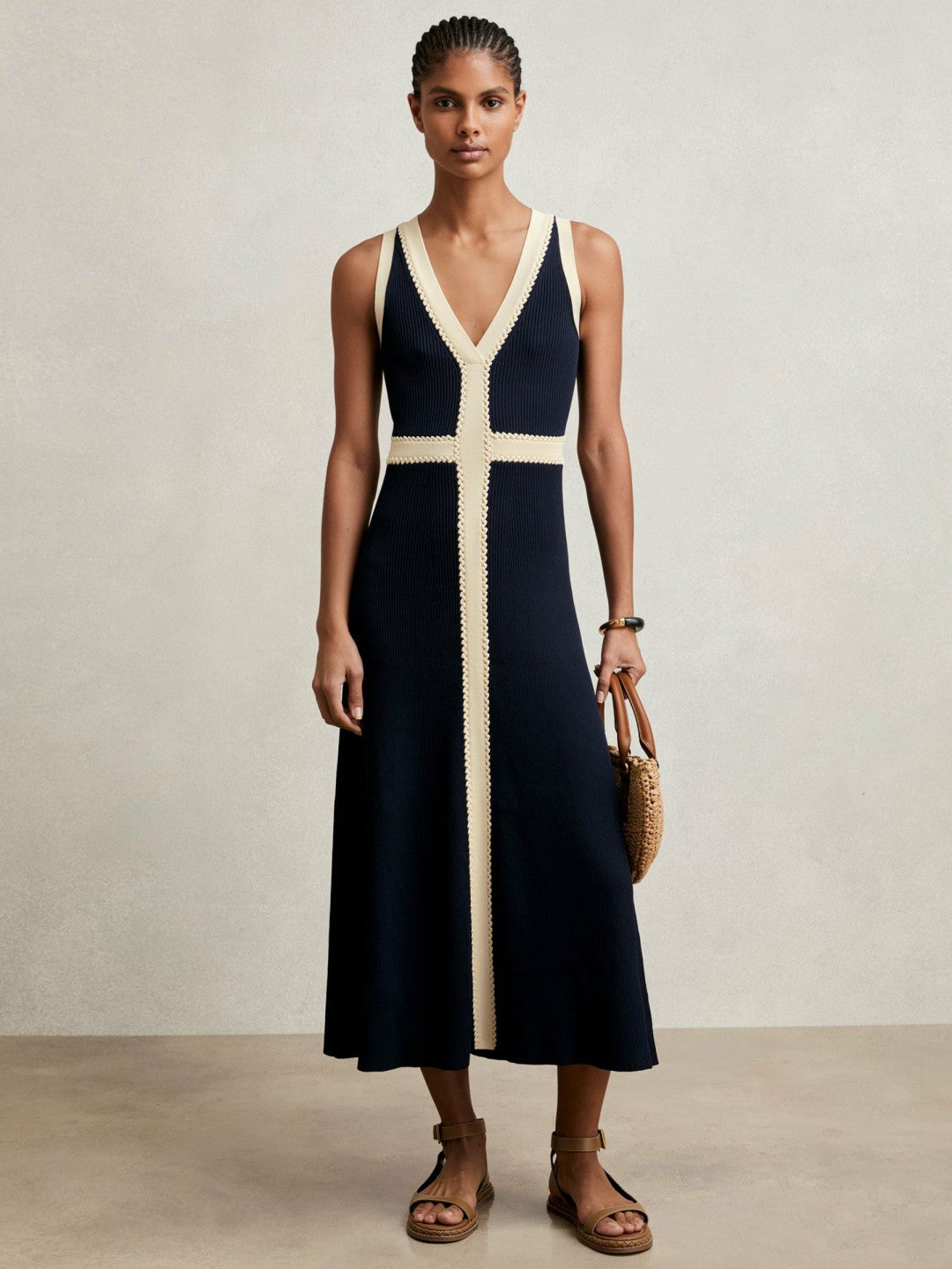 Craft-Stitch Knitted Midi Dress Navy | Women