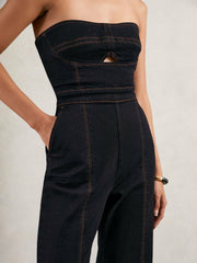 Strapless Wide Leg Denim Jumpsuit Indigo Blue | Women