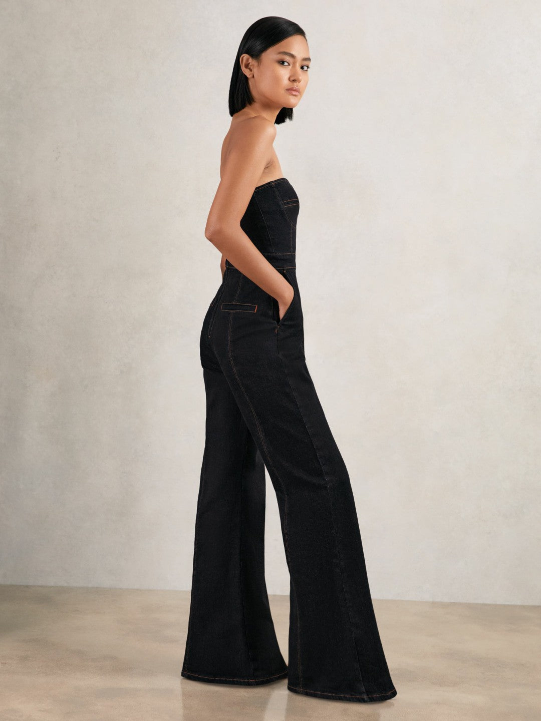 Strapless Wide Leg Denim Jumpsuit Indigo Blue | Women
