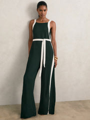 Petite Colourblock Wide Leg Belted Jumpsuit Dark Green/Cream | Women