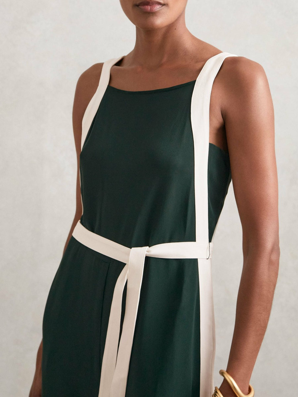 Petite Colourblock Wide Leg Belted Jumpsuit Dark Green/Cream | Women