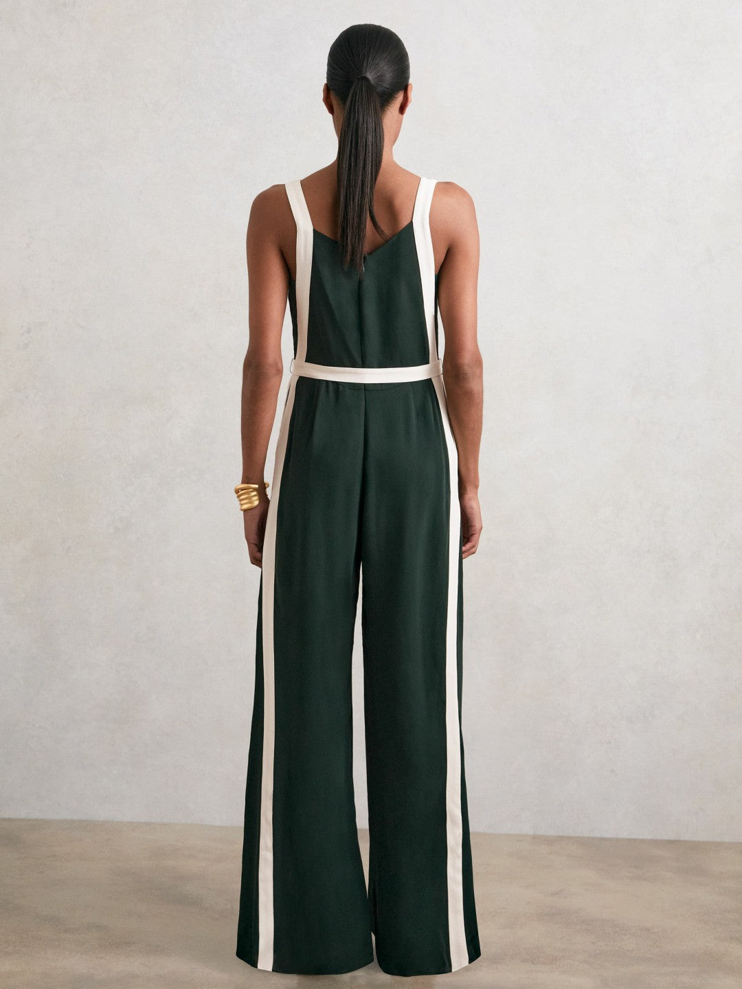Petite Colourblock Wide Leg Belted Jumpsuit Dark Green/Cream | Women