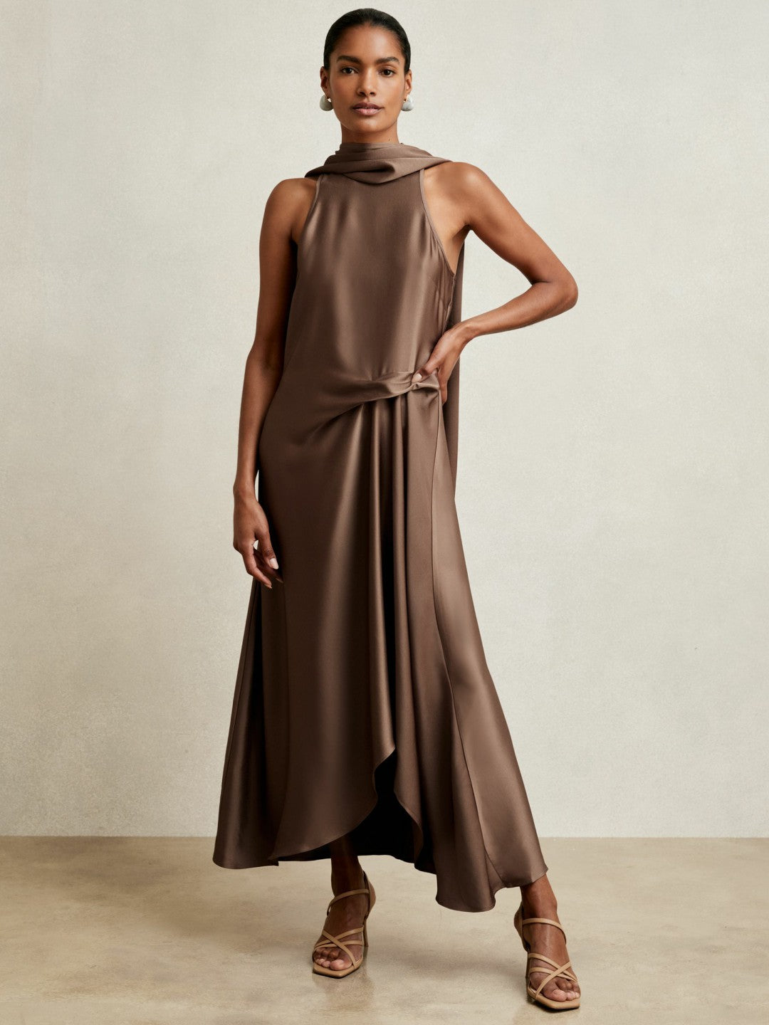 Satin Tuck-Detail Cape Midi Dress Taupe Brown | Women