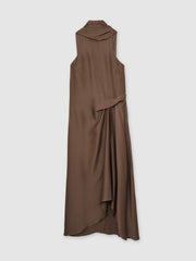 Satin Tuck-Detail Cape Midi Dress Taupe Brown | Women