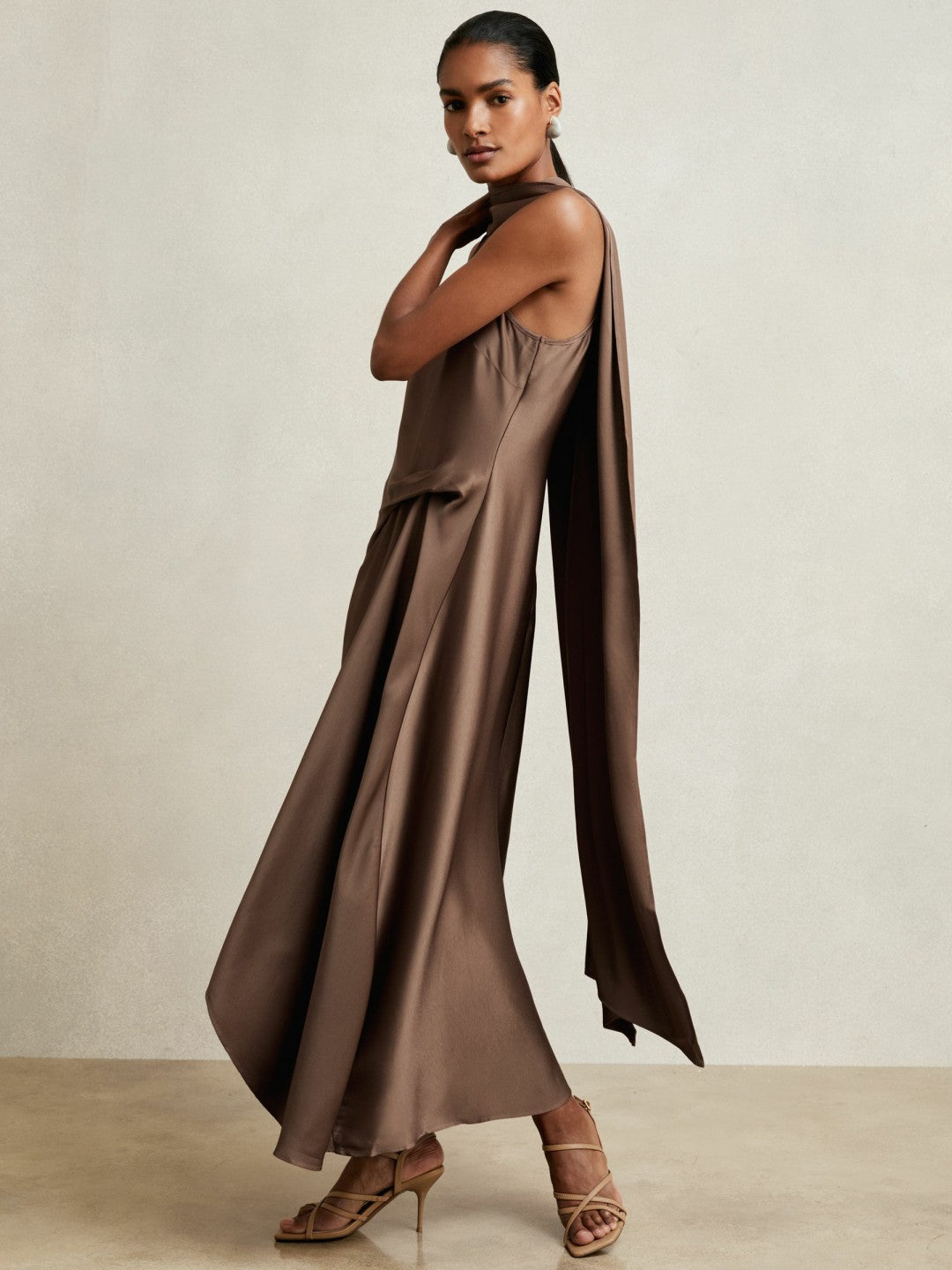 Satin Tuck-Detail Cape Midi Dress Taupe Brown | Women