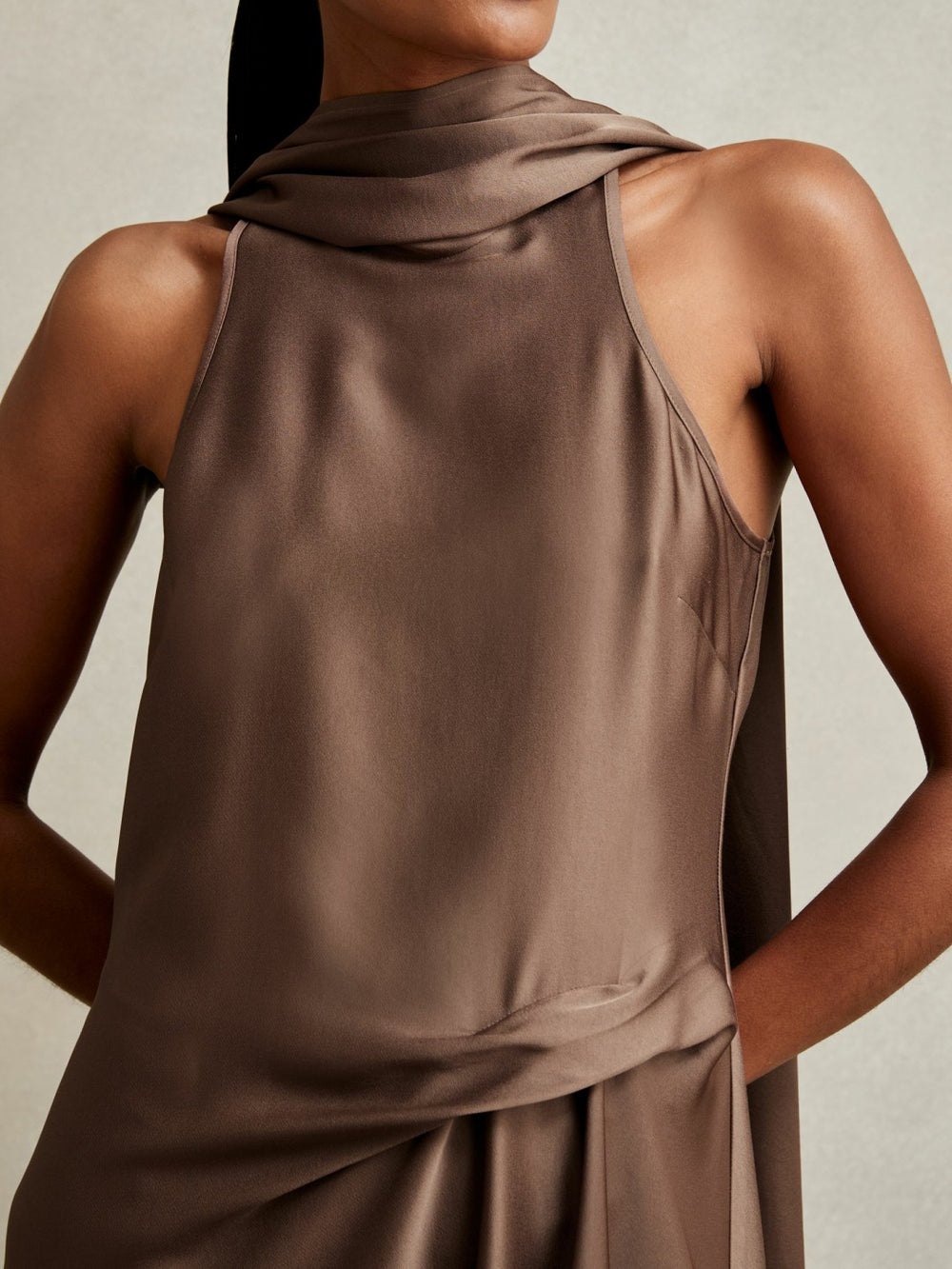 Satin Tuck-Detail Cape Midi Dress Taupe Brown | Women