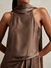 Satin Tuck-Detail Cape Midi Dress Taupe Brown | Women