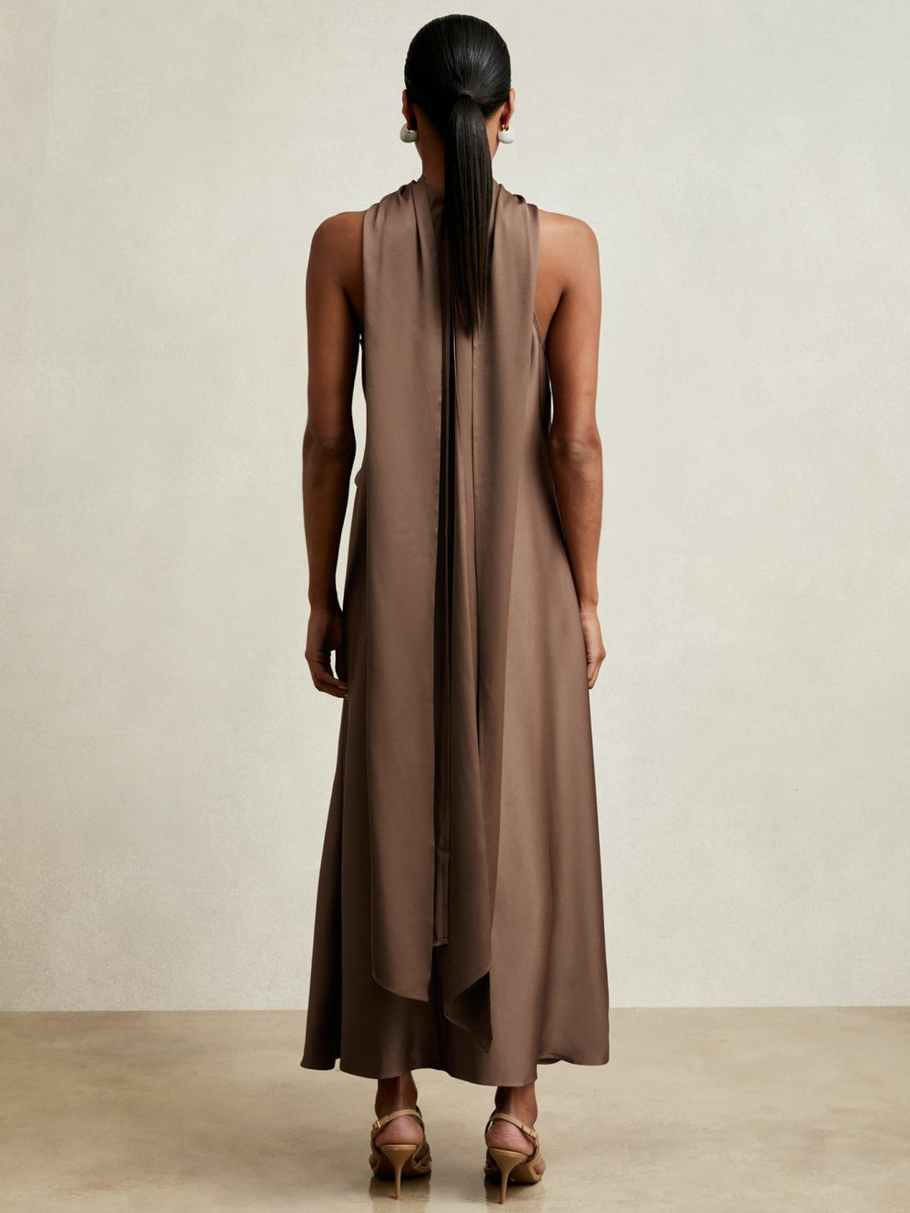 Satin Tuck-Detail Cape Midi Dress Taupe Brown | Women