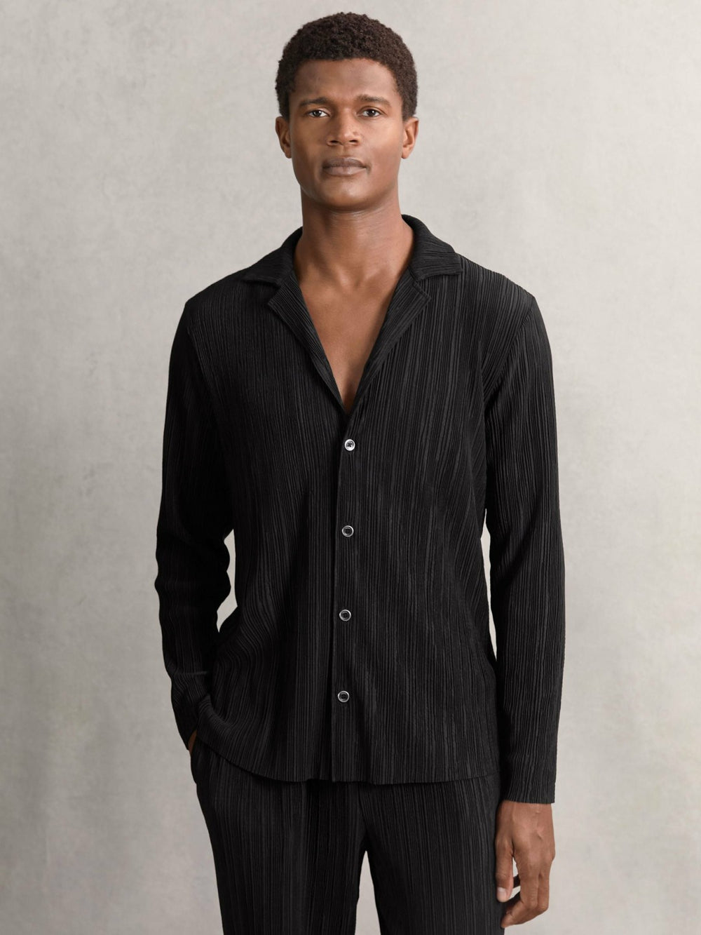 Plissé Cuban-Collar Long-Sleeve Shirt Black | Men