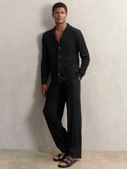 Plissé Cuban-Collar Long-Sleeve Shirt Black | Men